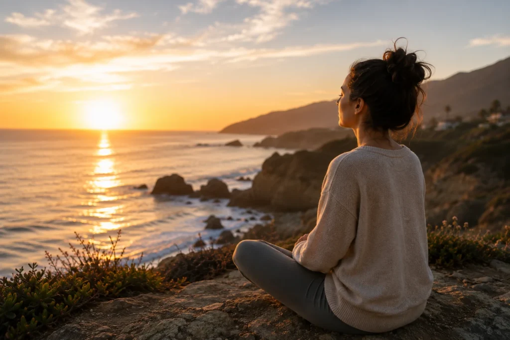 Woman practicing mindful meditation by the California coast for anger management and emotional balance