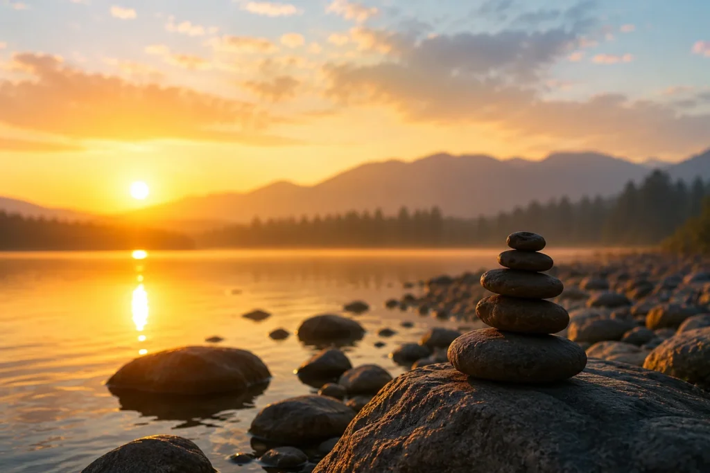 Golden hour lake and mountain landscape with balanced stones symbolizing peace and anxiety healing in calefornia