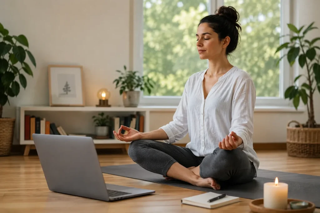 Woman practicing online meditation classes in California at home