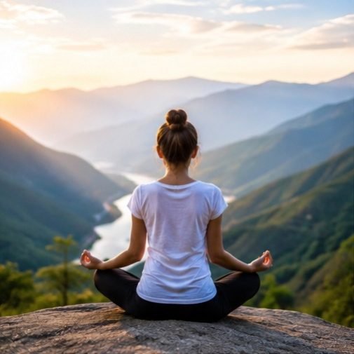 Woman practicing Samadhi meditation in the mountains surrounded by peaceful natural scenery